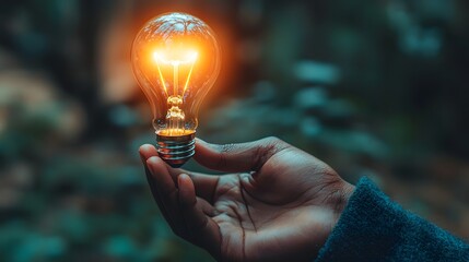 Wall Mural - close up of a human hand holding a glowing incandescent lightbulb symbolizing a brilliant idea a mom