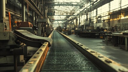 Poster - Conveyor belt and assembly machine at factory, plant or warehouse. Vector cartoon interior of workshop production line with automated machinery. Engineering equipment on manufactory