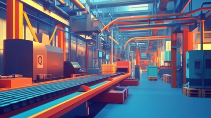 Poster - Conveyor belt and assembly machine at factory, plant or warehouse. Vector cartoon interior of workshop production line with automated machinery. Engineering equipment on manufactory