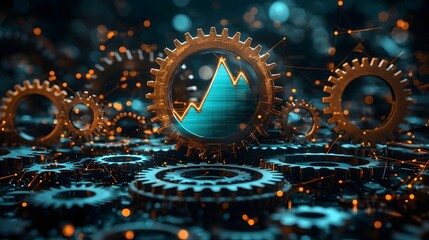 Poster - Conceptual 3D of industrial gears and cogs turning with a rising graph chart in the center representing technological progress innovation and business growth