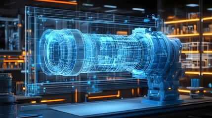 Poster - A digital wireframe blueprint or schematic model of a futuristic innovative modern invention or prototype technology displayed on a glowing holographic interface or screen