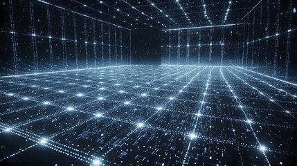 Poster - an abstract and futuristic image depicting a matrix of glowing digital data lines flowing across a d