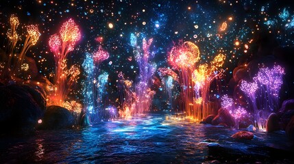 Poster - a mesmerizing holographic fantasy in a vivid digitally created 3d environment with fluid luminous sh