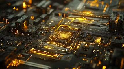 Poster - glowing high tech circuit board interconnections in digital network futuristic abstract background w