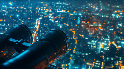 Poster - Pair of binoculars focused on a distant glowing cityscape labeled  Goals  against a night sky  Concept of vision ambition achievement and striving towards future success and growth