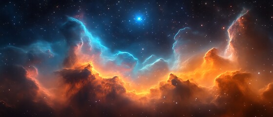 celestial nebula with vibrant orange and blue hues.
