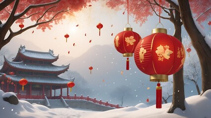 Wall Mural - Chinese lantern, Chinese New Year, winter snow, snowflakes, festive atmosphere, red and gold lanterns, intricate designs, traditional Chinese ornaments, Chinese symbols, glowing lanterns, winter lands