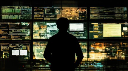 Fototapete - Analyst reviewing data on large screen wall at night