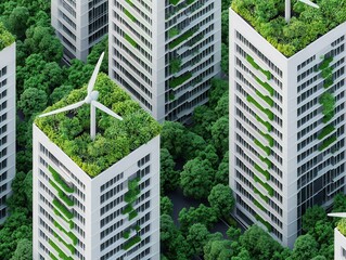 Wall Mural - Aerial view of modern buildings with green rooftops and wind turbines, surrounded by lush greenery, showcasing sustainable urban living.