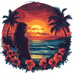 woman silhouetted against a vibrant tropical sunset ocean scene.