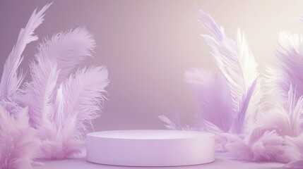 Poster - Stylish 3D Podium Surrounded by Soft Purple Feathers and Ample Empty Space
