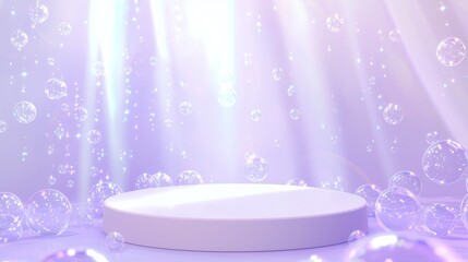 Poster - Sleek 3D Podium in Large Empty Area Surrounded by Bubbles and Light