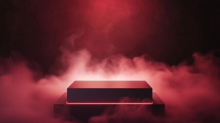Poster - Sleek 3D Podium in Large Empty Area with Surrounding Fog and Red Light