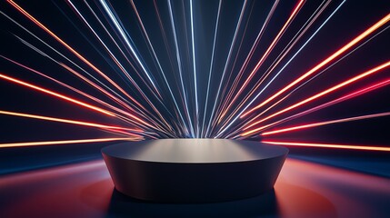 Poster - Sleek 3D Podium in Large Empty Area Surrounded by Colorful Light Rays