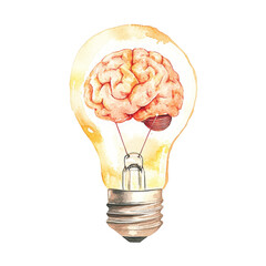 Poster - Watercolor painting of a human brain inside a glowing lightbulb symbolizing ideas and intelligence.