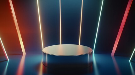Poster - Sleek 3D Podium Set in a Large Empty Area with Colorful Light Bars