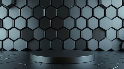 Poster - Modern 3D Podium in Empty Space Surrounded by Hexagonal Walls