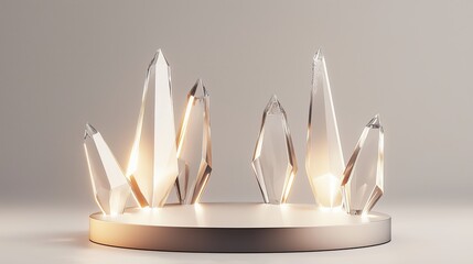 Poster - Modern 3D Podium in Empty Space Surrounded by Abstract Crystal Structures