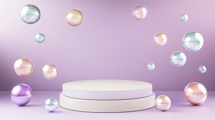 Poster - Modern 3D Podium Surrounded by Colorful Decorative Spheres on Light Background