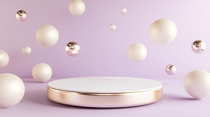 Aufkleber - Modern 3D Podium Surrounded by Floating Spheres in Empty Space