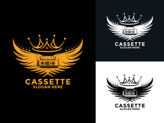 Cassette Classic logo with abstract grain. Cassette tape with wings and crown logo vector illustration. Retro music logo design concept