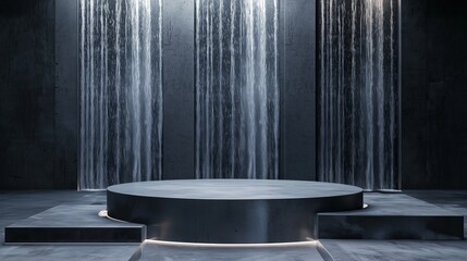 Poster - Modern 3D Podium Surrounded by Ample Empty Space with Waterfalls