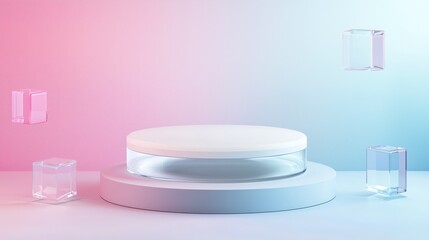 Aufkleber - Elegant 3D Podium with Spacious Top and Colorful Surrounding Shapes