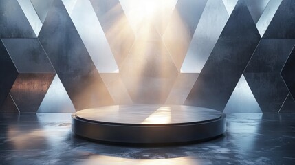 Poster - Elegant 3D Podium Surrounded by Spacious Geometric Walls with Lighting Effects