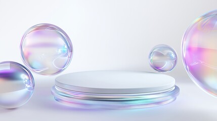 Aufkleber - Stylish 3D Podium with Empty Space and Colorful Spheres Surrounding It