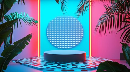 Poster - Stylish 3D Podium in Vibrant Space with Framed Backdrop and Greenery