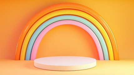 Poster - Stylish 3D Podium with Ample Empty Space Framed by Colorful Rainbow Arcs