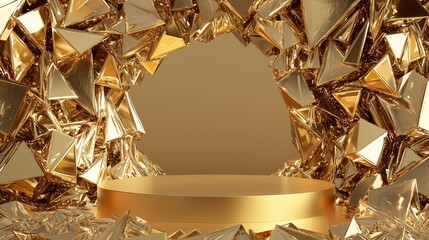 Poster - Stylish 3D Podium Surrounded by Glimmering Geometric Shapes and Ample Space