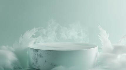 Poster - Sleek 3D Podium in Empty Space Surrounded by Soft Fog and Light Mist