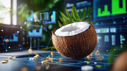 Leinwandbilder - 3D digital model of coconut displayed in high tech environment, showcasing data analytics and modern technology. coconut is open, revealing its white interior and surrounded by digital elements