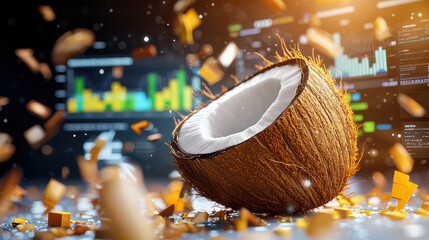 Aufkleber - 3D digital model of coconut surrounded by high tech elements, showcasing dynamic and vibrant scene. coconut is cracked open, revealing its white interior amidst backdrop of data visuals