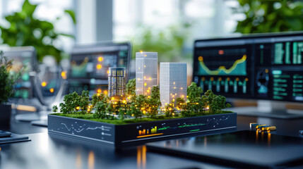 Poster - 3D digital model of sustainable urban environment with buildings, greenery, and technology displays. This scene showcases innovation in architecture and urban planning