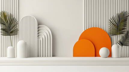 Poster - Minimalist interior design featuring geometric shapes, white vases, and orange accents. composition creates modern and serene atmosphere with touch of warmth