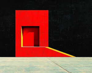Aufkleber - Red geometric structure with yellow accents against a dark background.