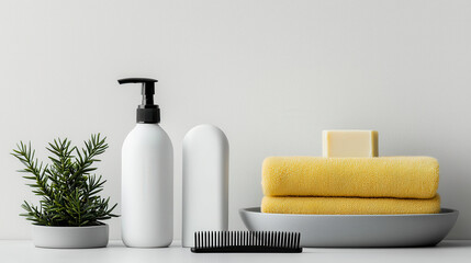 Poster - Minimalist bathroom items including white lotion bottle, yellow towels, and plant. arrangement creates serene and organized atmosphere