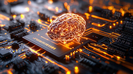 Fototapete - cinematic depiction of cognitive system powered by advanced technology, showcasing glowing brain on circuit board, symbolizing artificial intelligence and innovation