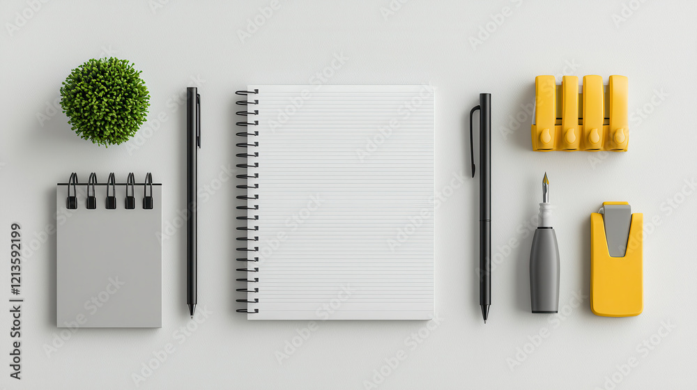 clean and minimalist 3D representation of stationery items including ...