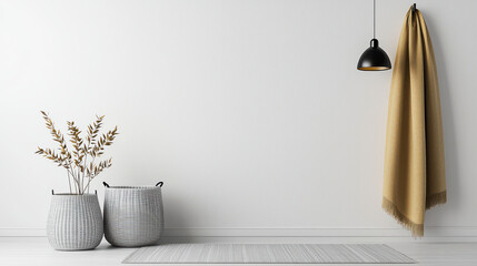 Poster - clean and modern interior design featuring decorative baskets, hanging lamp, and cozy blanket. minimalist aesthetic creates serene atmosphere