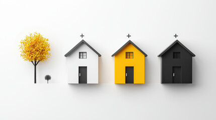 Poster - Minimalist 3D illustration of four houses in different colors with trees, showcasing clean and modern design. Perfect for real estate or home decor themes