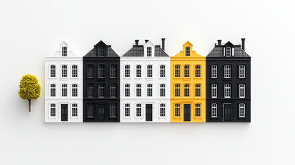 Poster - Minimalist 3D illustration of four buildings in black, white, and yellow with small tree. design showcases clean and modern aesthetic, perfect for various creative projects