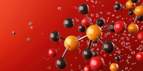 Aufkleber - clean energy hydropower concept. Molecular structure with colorful atoms on a vibrant red background.