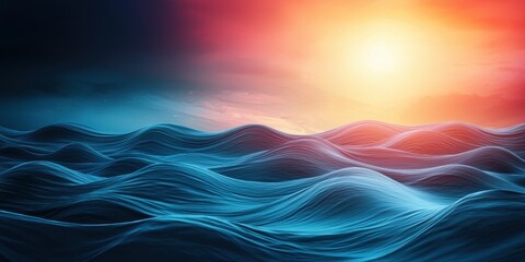 Poster - clean energy hydropower concept. Vibrant waves under a sunset sky, showcasing deep blues and warm orange hues.
