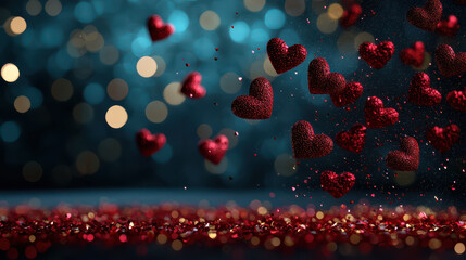 Poster - cozy and inviting Valentine Day background with floating red hearts and shimmering bokeh lights creates romantic atmosphere. Perfect for celebrations and love themed events