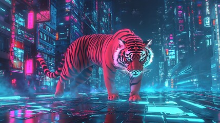 Futuristic neon snake and tiger in a vibrant city with digital features