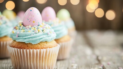 Wall Mural - Decorated cupcakes with soft pastel frosting and colorful Easter eggs create a cheerful atmosphere for spring festivities