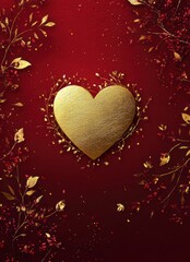elegant valentine's day card template with a gold foil heart on a deep red background.